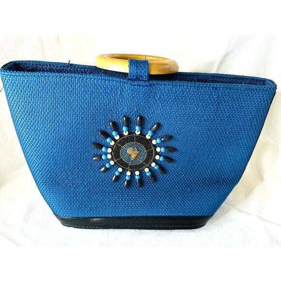 VTG Mediterranean Hand Woven Beaded Handbag Wood Handles Cobalt Blue 14.5" READ - Picture 1 of 13
